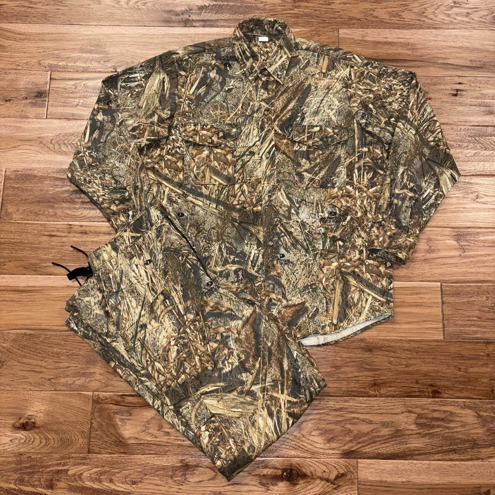 EUC Mossy Oak Duck Blind Camo Shirt & Adjustable Pants Cotton Blend USA VTG L